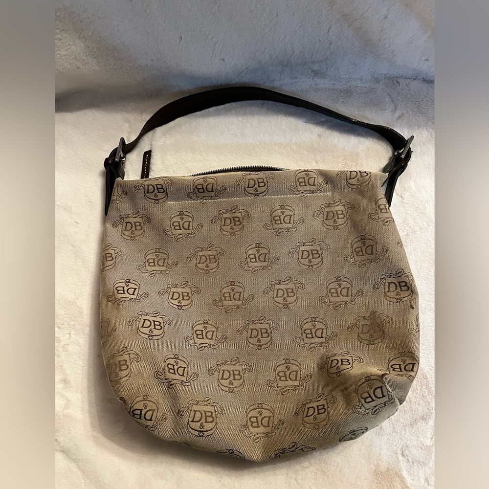 Dooney & Bourke Light Brown / Gold Canvas Lock Print Hobo Shoulder Purse